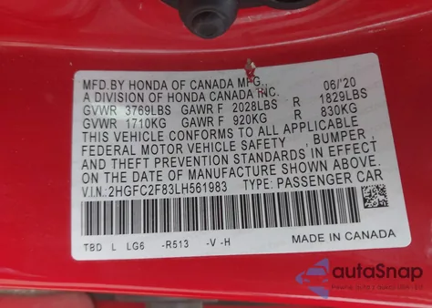 2020 Honda Civic Sport из США, поврежденный, VIN 2HGFC2F83LH561983